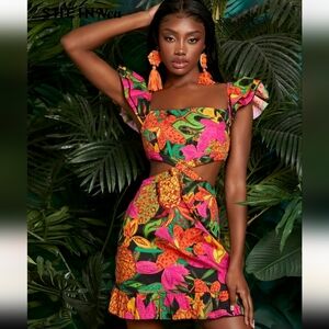 Tropical Cutout Mini Dress - Vibrant Floral Print